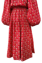 Prettiest 1970s Hanae Mori Red Print Light Silk Dress w Full Balloon Sleeves & Tiered Skirt
