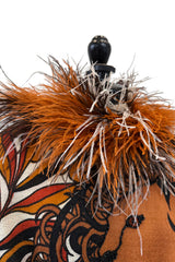 Early 1970s Bill Blass Couture Hand Beaded Lion Print Dress w Elaborate Feather Collar