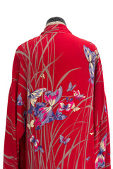 Gorgeous 1970s Hanae Mori Red Silk Kimono Caftan Jacket/Coat w Beautiful Butterfly Print