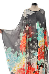 1970s Hanae Mori Silk Twill & Chiffon Caped Overlay Caftan Dress