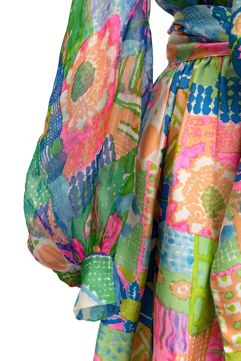 Fantastic Spring 1969 Kiki Hart Multi Colour Floral & Pattern Silk & SIlk Organza Dress w Balloon Sleeves