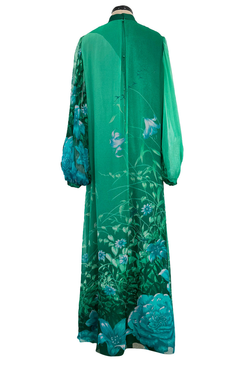 Stunning 1970s Hanae Mori Green Extensive Floral Print Green Silk Chiffon Dress w Balloon Sleeves & Belt