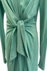 Iconic Spring 1985 Yves Saint Laurent Haute Couture Runway Pale Green Silk Dress w Front Plunge & Tie