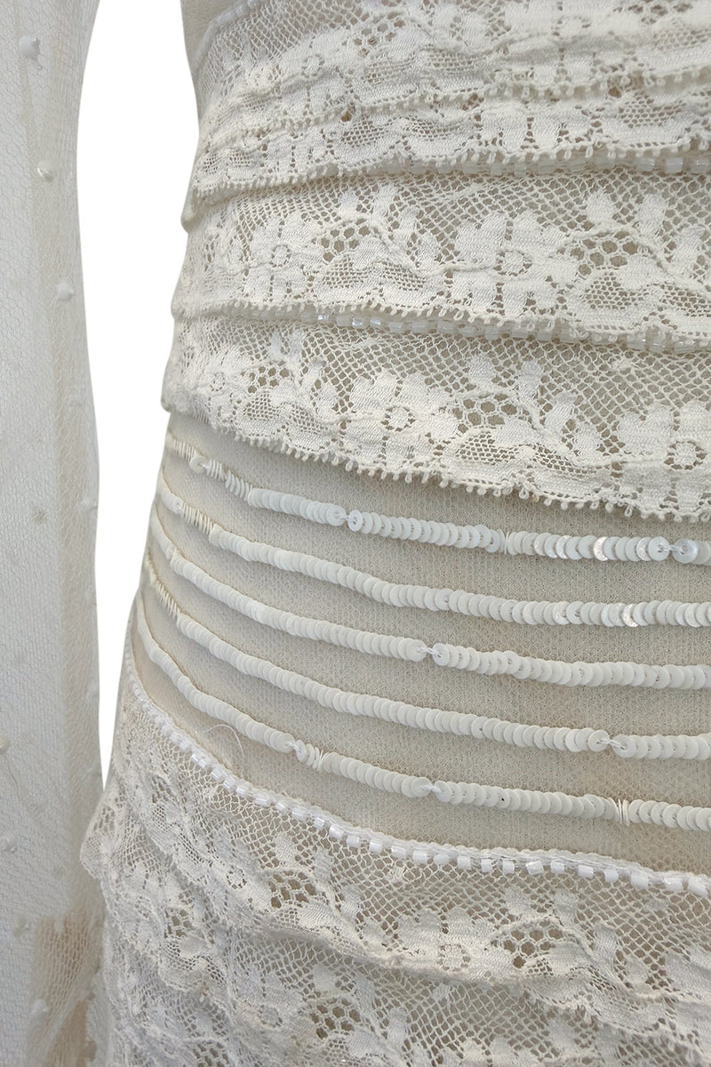 2012 Valentino by Pierpaolo Piccioli & Maria Grazia Chiuri Tiered Ivory Lace Net Dress w Sequin & Bead Detailing
