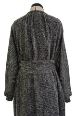 Amazing 1970s Kay Cosserat Hand Knit / Handmade Grey Angora Silk Mohair Caftan Dress w Belt