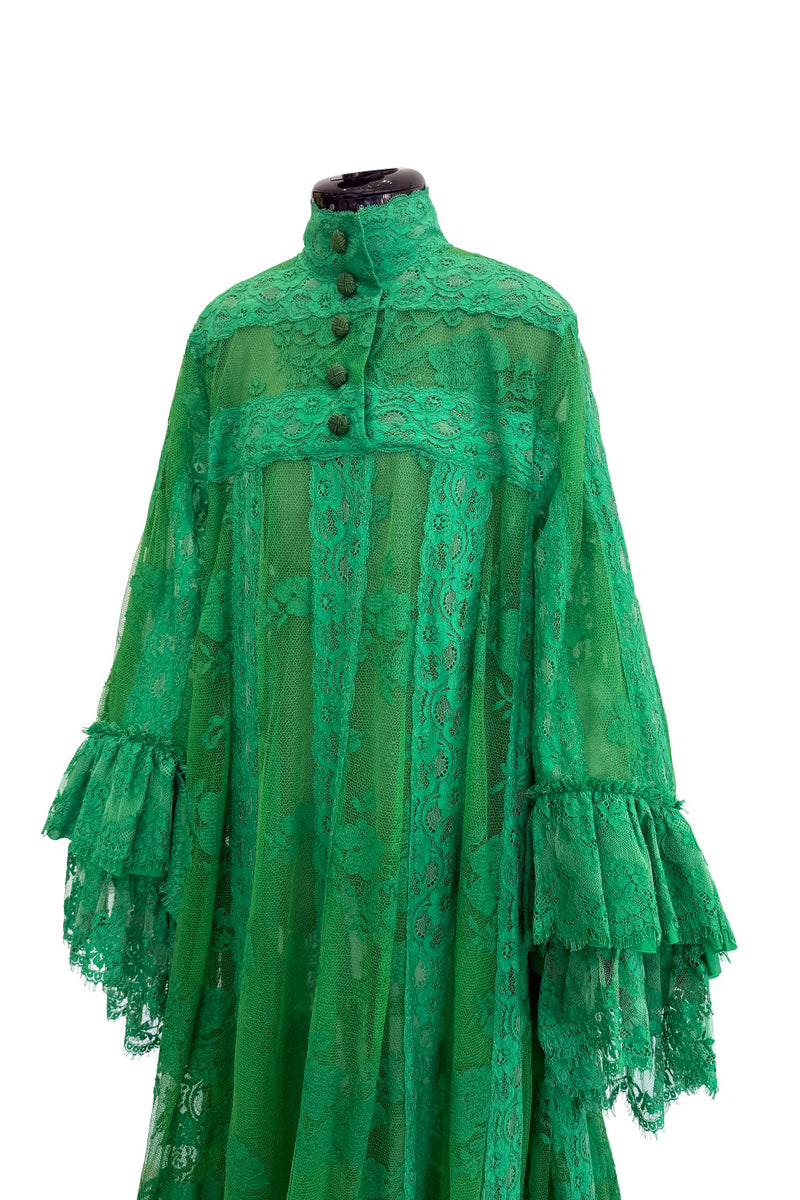 Remarkable Resort 2019 Gucci by Alessandro Michele Runway Look 9 Green Lace & Net Ruffle Dress w Train