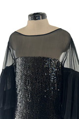 Beautiful 1980s Louis Feraud Glossy Black Sequin Silk Chiffon Dress w Tiered & Ruffled Sleeves