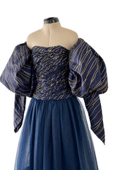 Very Rare Fall 1986 Chanel by Karl Lagerfeld Blue & Gold Strapless w Removable Sleeves