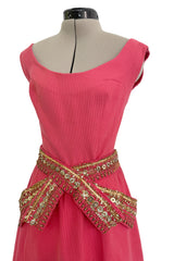 1950s Unlabeled Lanvin-Castillo Couture Elaborate Gold Beaded Pink Waffle Weave Top & Skirt