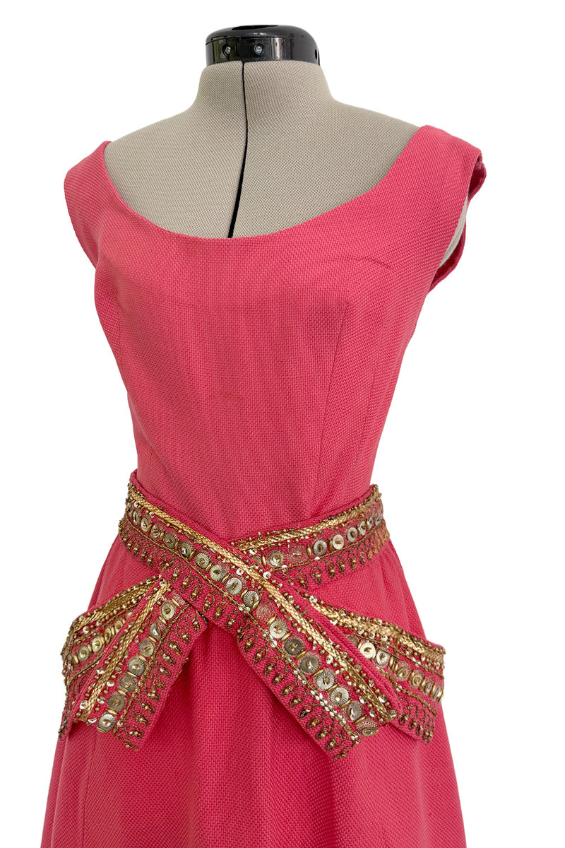 1950s Unlabeled Lanvin-Castillo Couture Elaborate Gold Beaded Pink Waffle Weave Top & Skirt