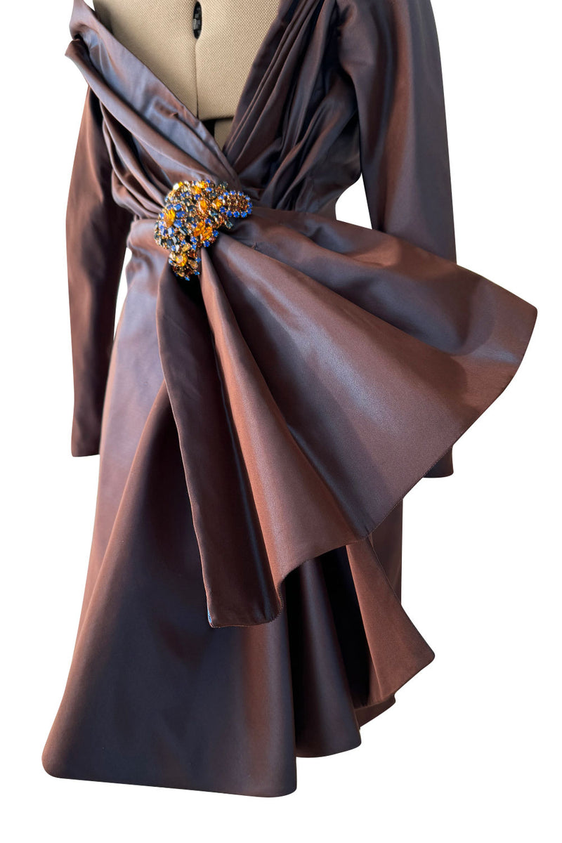 Fall 1990 Christian Lacroix Haute Couture Silk Runway Backless Dress w Original Jewel Brooches