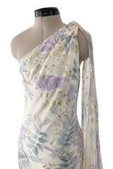 Gorgeous Fall 2003 Ungaro by Giambattista Valli One Shoulder Printed Silk Chiffon Dress w Trailing Panel
