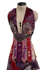 Prettiest Fall 2006 Original Mr. Valentino Purple Print Ruffled Skirt & Plunging Halter Top Dress Set
