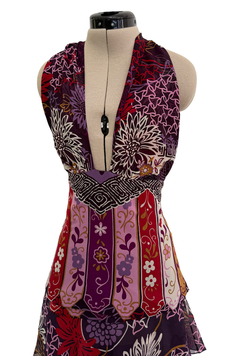 Prettiest Fall 2006 Original Mr. Valentino Purple Print Ruffled Skirt & Plunging Halter Top Dress Set