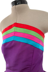 Fall 1982 Valentino by the Original Mr Valentino Purple Silk Strapless BubbleDress w Rainbow Detailing