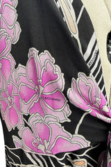 Prettiest 1970s Leonard Paris Printed Silk & Black Jersey Dress w Plunge Front & Silk Chiffon Sleeves