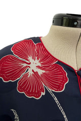 Easy-to-Wear 1980s Hanae Mori Printed Leaf & Flower Blue Silk Caftan Dress w Wide Sleeves
