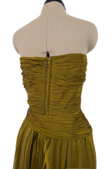 Fall 1989 Oscar de la Renta Iridescent Green Gold Silk Chiffon Strapless Dress w Matching Cape