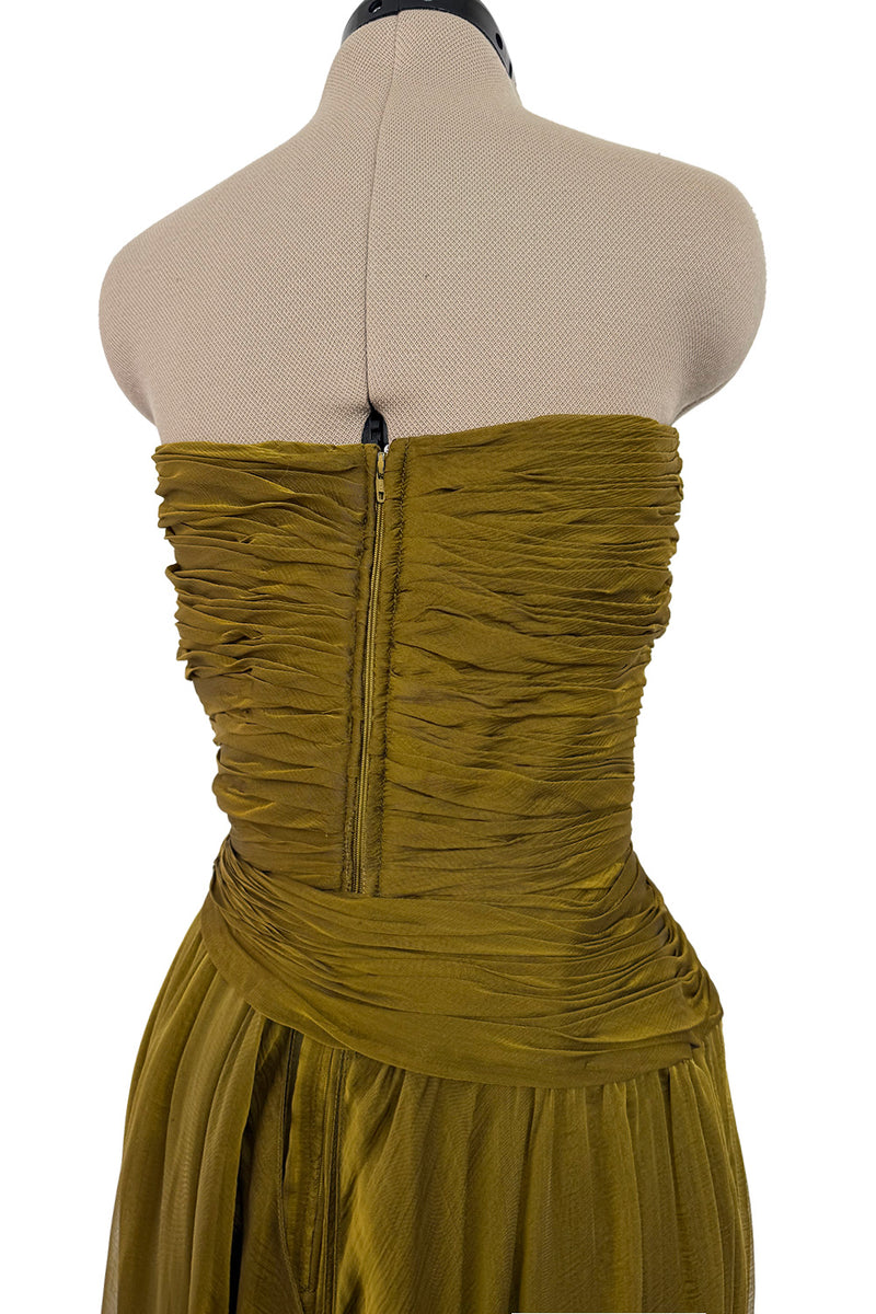 Fall 1989 Oscar de la Renta Iridescent Green Gold Silk Chiffon Strapless Dress w Matching Cape