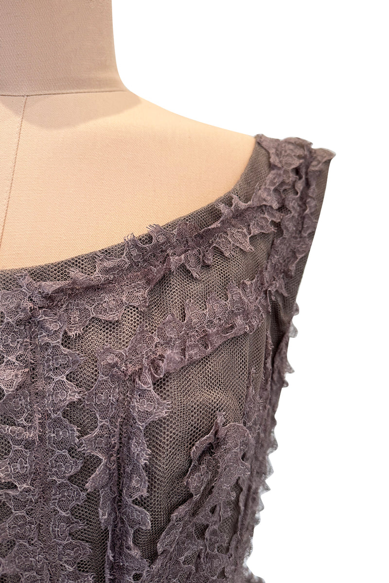 Exceptional 1950s Jacques Heim Golden Era Haute Couture Ultra Rare Purple-Gray Net & Handmade Lace Dress