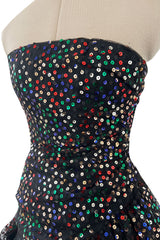 Gorgeous 1980s Arnold Scaasi Black Net Dress w Multi Colour Sequins & Asymmetrical Skirt