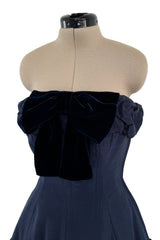 Incredible 1980s Hubert de Givenchy Haute Couture Strapless Blue Matte Silk Dress w Velvet Bow Detailing
