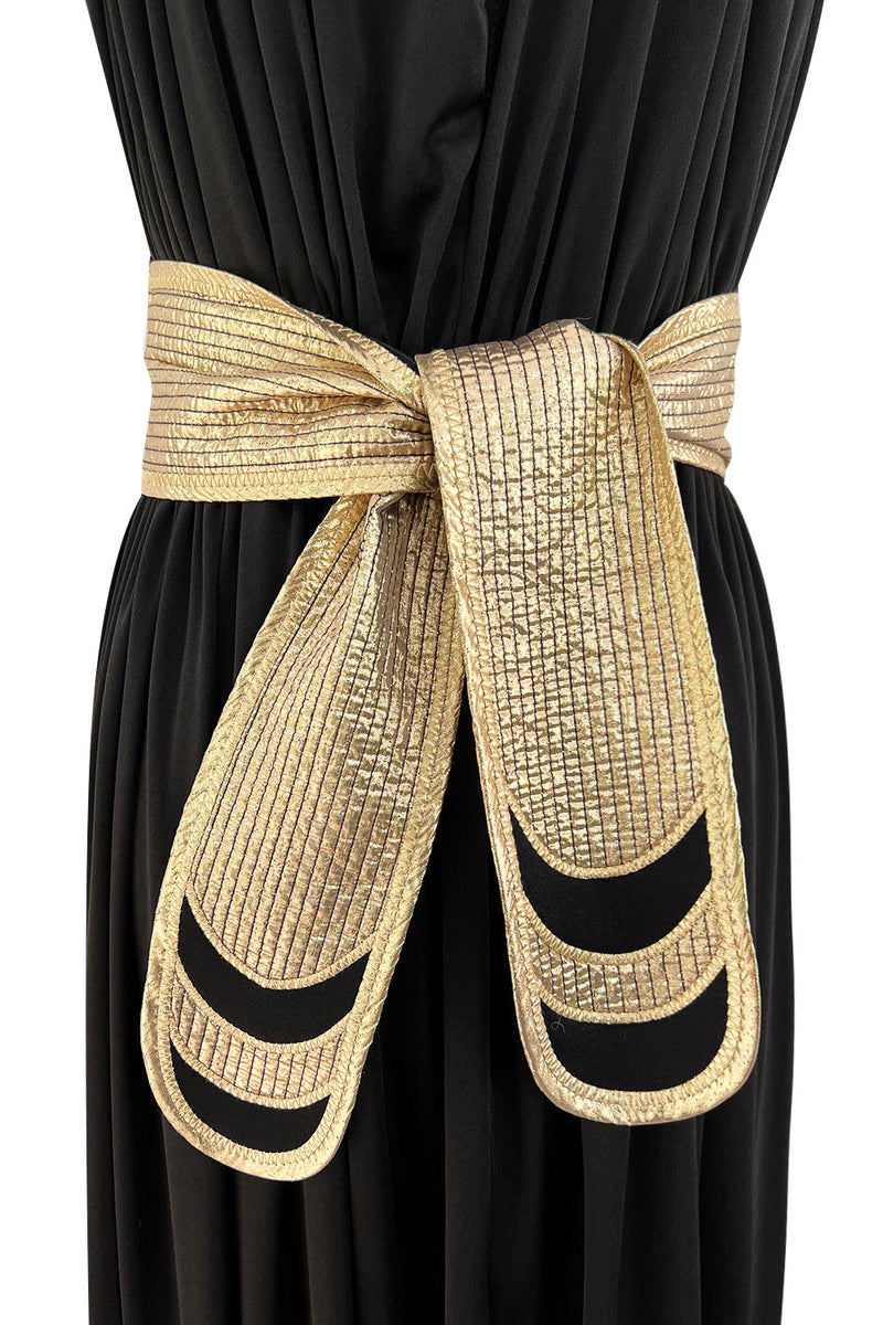 Documented 1981 Bill Tice Plunge Front Black & Gold Nylon Jersey Backless Halter Dress