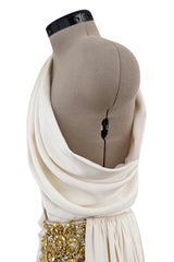 Spring 1990 Hubert de Givenchy Haute Couture Runway Ivory Silk Dress w Gold Metal Detailing