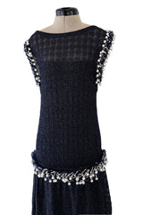 Phenomenal Fall 2010 Chanel by Karl Lagerfeld Deep Blue & Silver Metallic Knit Dress w Glass Pearl Detailing