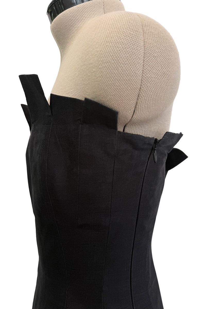 Fantastic c.1983 Thierry Mugler Black Raw Silk Vertical Panel Dress w Car Wash Hem & Silk Chiffon
