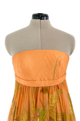 Gorgeous 1968 Hanae Mori Strapless Pastel Peach Floral Print Chiffon & Silk Dress w Shawl