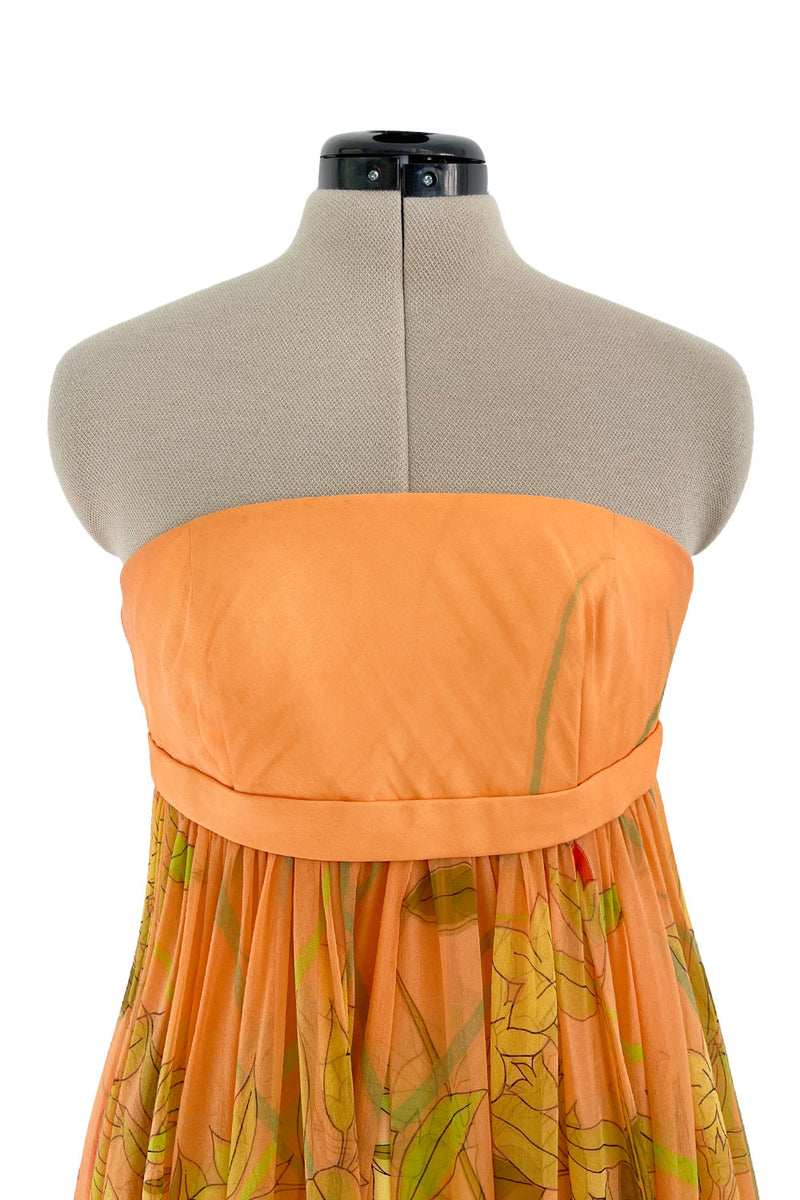 Gorgeous 1970s Hanae Mori Strapless Pastel Floral Print Chiffon & Silk Dress w Shawl