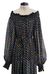 Spring 1978 Yves Saint Laurent Runway & Ad Campaign Off Shoulder Silk Chiffon Dot Dress
