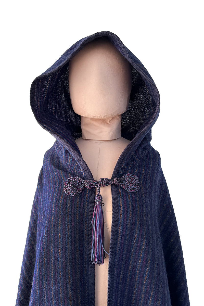 Fabulous  Fall 1976 Yves Saint Laurent Striped Blue Wool Knee Length Cape w Hood & Tassel Detailing