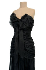 Prettiest Spring 1985 Chloe by Karl Lagerfeld Black Silk Organza Strapless Dress w Bow Detailing