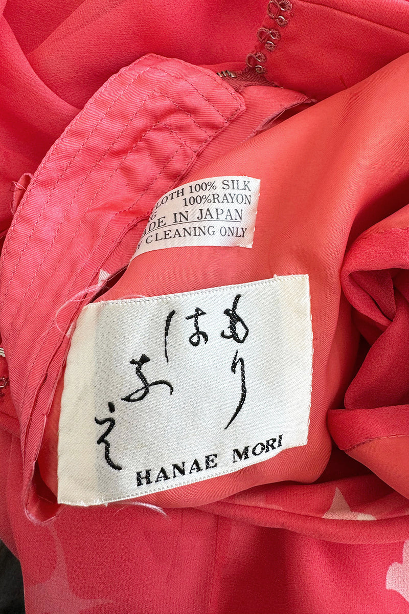 Important Fall 1972 Hanae Mori Couture Ad & Book Piece Silk Chiffon Printed & Ruffled One Sleeve Caftan Dress