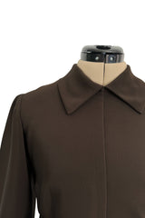 Elegant 1970s Madame Gres Haute Couture Chocolate Brown Day Dress w Full Sleeves & Collar
