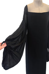 Exquisite 1978 Pierre Cardin Haute Couture Black Silk Chiffon Dress w Huge Balloon Sleeves