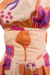 Spring 1981 Bill Tice Deco Pattern Printed Tissue Silk Backless Jumpsuit w Balloon Pouf Legs