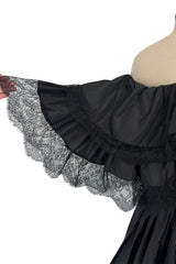 Dramatic 1970s Louis MiesOff Shoulder Haute Couture Silk Dress w Hand Made Lace & Full Skirt