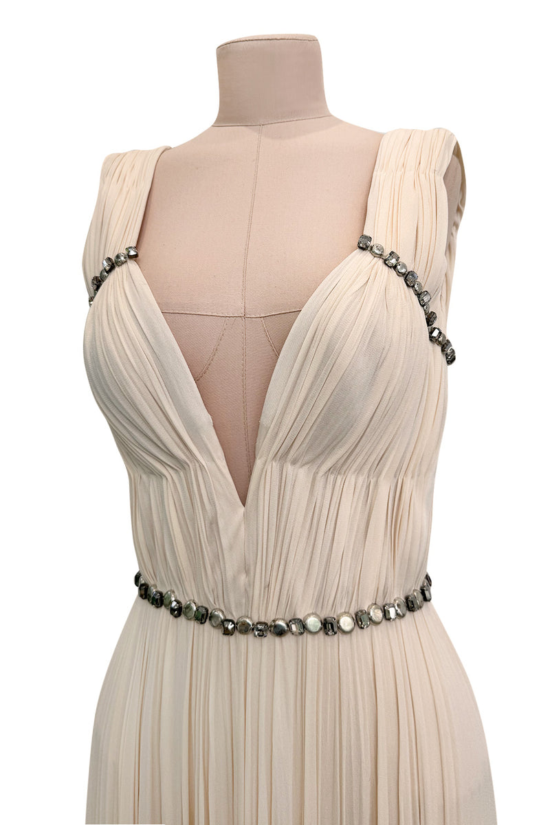 Incredible Fall 2007 Roberto Cavalli Ivory Pleated Silk Jersey Dress w Front Plunge & Rhinestones
