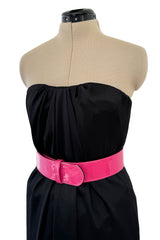 Fabulous 2008 Alexander McQueen Strapless Black Silk Dress w Vibrant Pink Patent Leather Belt