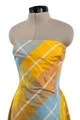 Beautiful Late 1980s Pierre Balmain Pastel Blue & Yellow Feather Light Strapless Silk Dress w Full Skirt