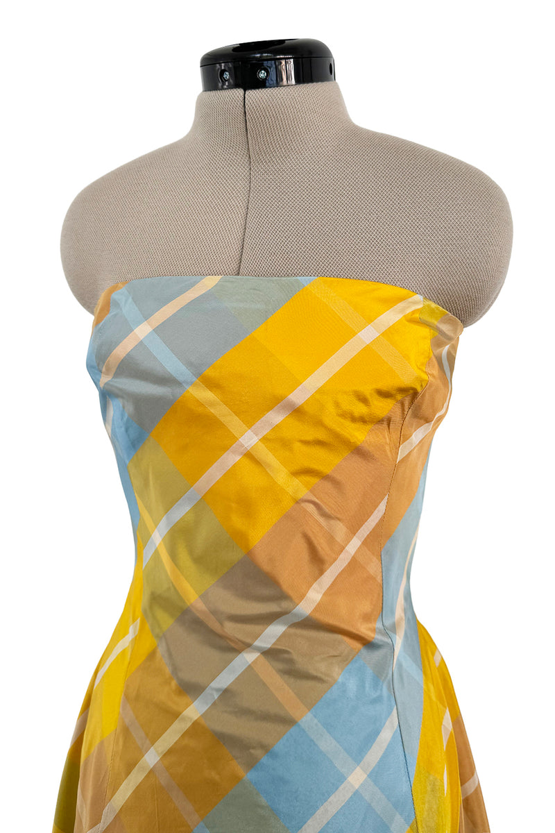 Beautiful Late 1980s Pierre Balmain Pastel Blue & Yellow Feather Light Strapless Silk Dress w Full Skirt