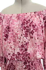 Gorgeous Spring 1976 Yves Saint Laurent Runway Pink Floral Silk Jersey Off Shoulder Dress