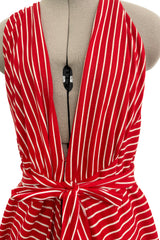 Chic & Minimalist Resort 1974 Halston Vogue Documented Red & White Striped Cotton Plunge Dress Dress