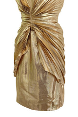 Outstanding Spring 1986 Thierry Mugler Pleated Metallic Gold Lurex Pleated Strapless Bodice 'Shell' Dress