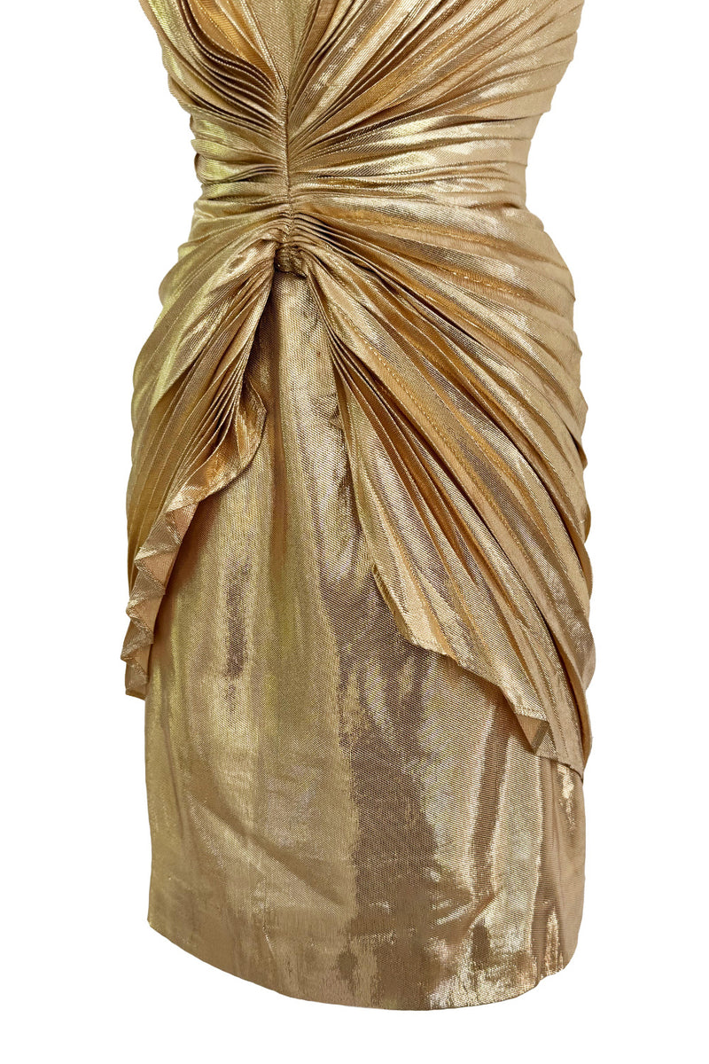Outstanding Spring 1986 Thierry Mugler Pleated Metallic Gold Lurex Pleated Strapless Bodice 'Shell' Dress