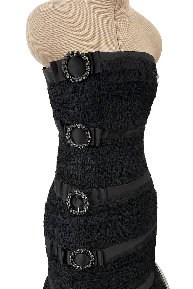 Fantastic Spring 1987 Yves Saint Laurent Strapless Dotted Silk Net Strapless Dress w Rhinestone Detail & Full Lower Skirts
