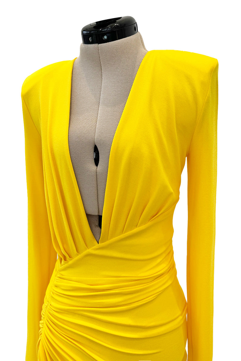 Gorgeous Spring 2020 Alexandre Vauthier Yellow Silk Jersey Dress w Plunge & High Front Slit